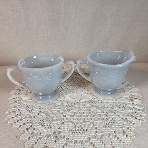 Fire King Laurel Gray Milk Glass Creamer & Sugar Set Vintage Collectibles